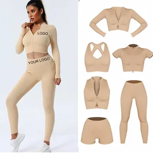 2022 Women 6 Piece Ribbed Yoga Set Zipper Natural Color Activewear Suit Jogger Seamless Sportswear Fitness Workout Gym Clothing