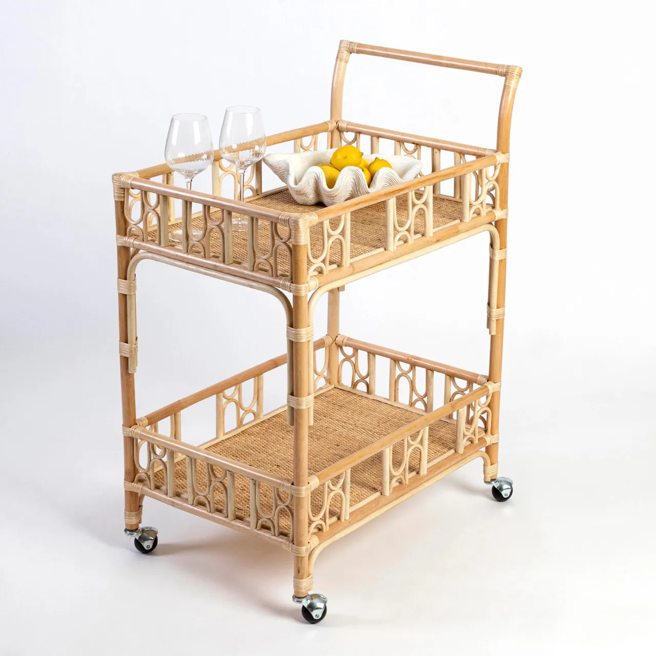 Handcrafted Rattan Bar Cart Trolley Drink And Food Serving Trolleys For