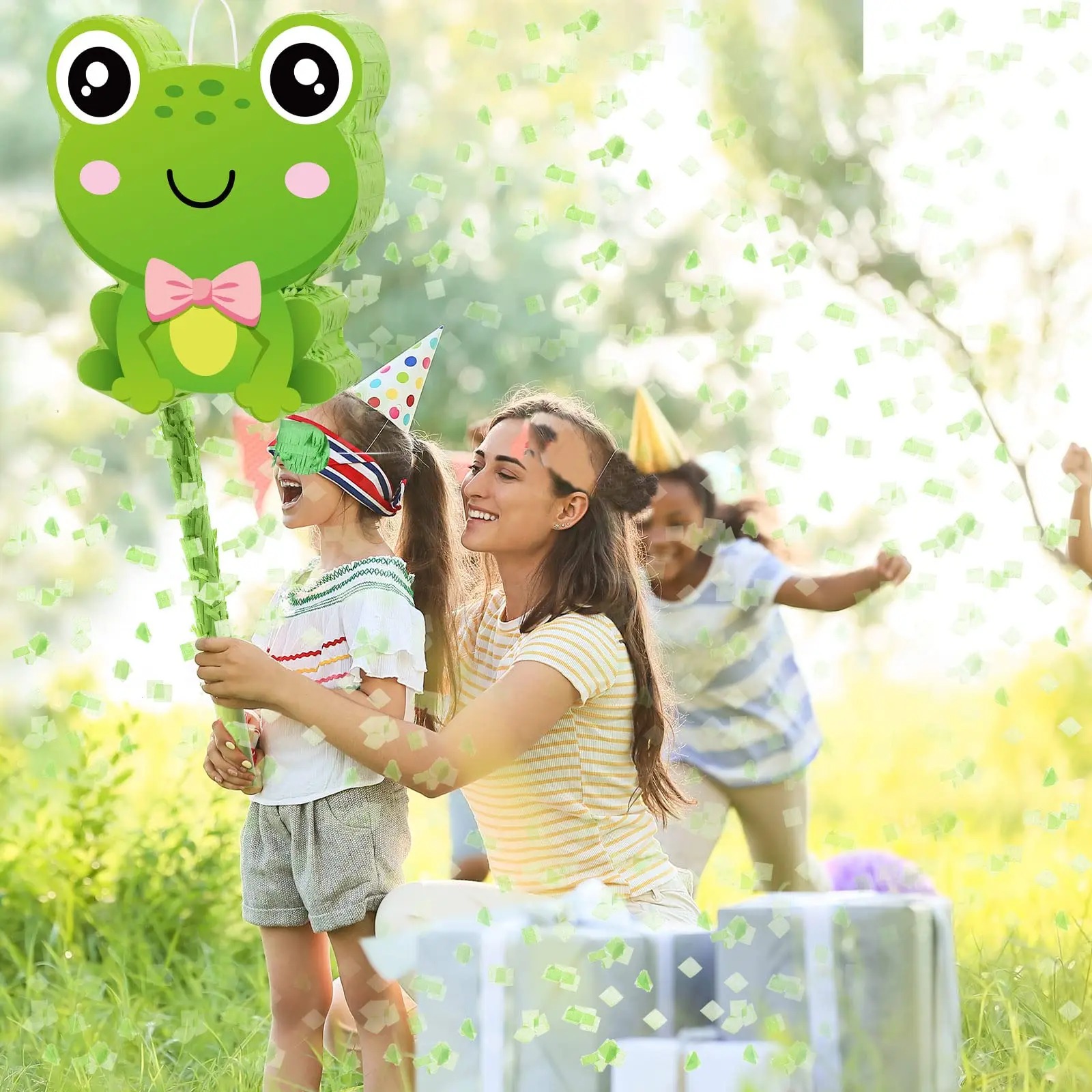 Green Frog Pinata with Blindfold Confetti and Stick Frog Pinata Set for Summer Boys Girls Kids Birthday Party Favors Decorations