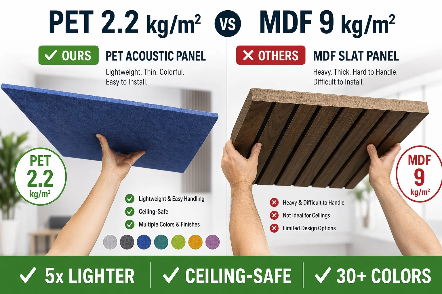 PET vs MDF Comparison PET vs MDF acoustic panel comparison lightweight polyester heavy wood slat