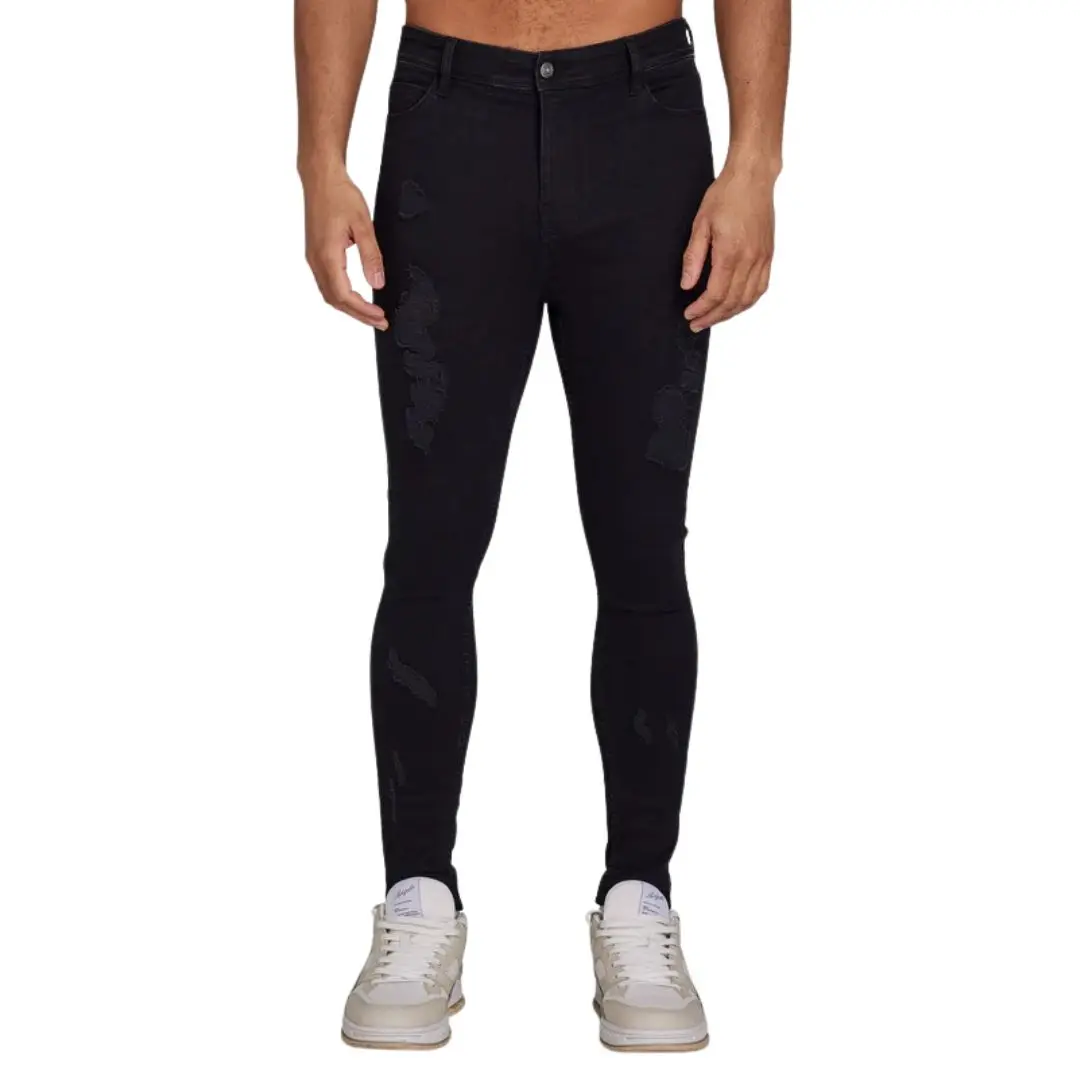 Mens Spray-On Ripped Jeans Black High-Rise Stretch Denim Extreme
