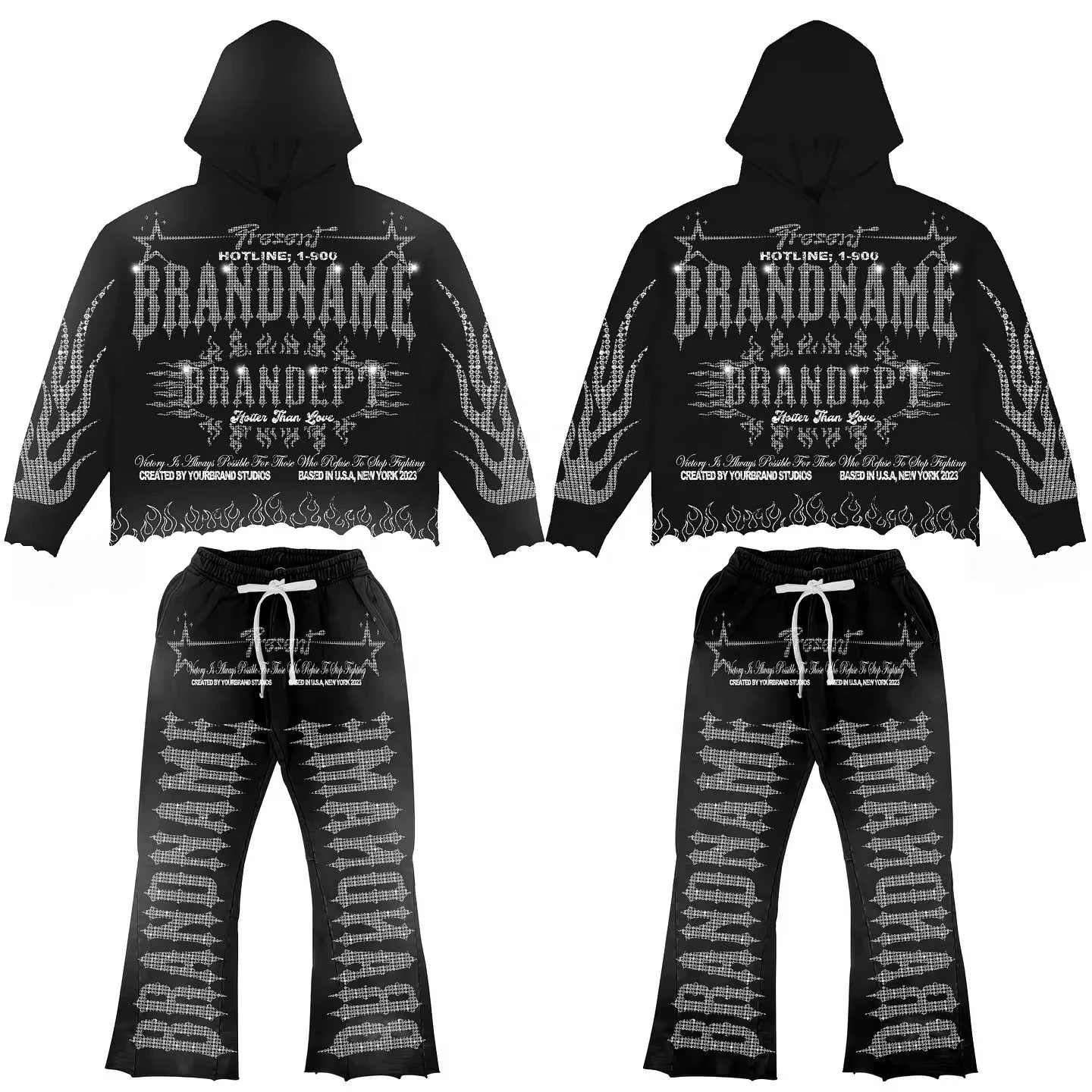 2025 Men's New Fashion Streetwear Oversized Sweatsuit With Thick Rhinestone Sweatpants And Hoodie Set For Men