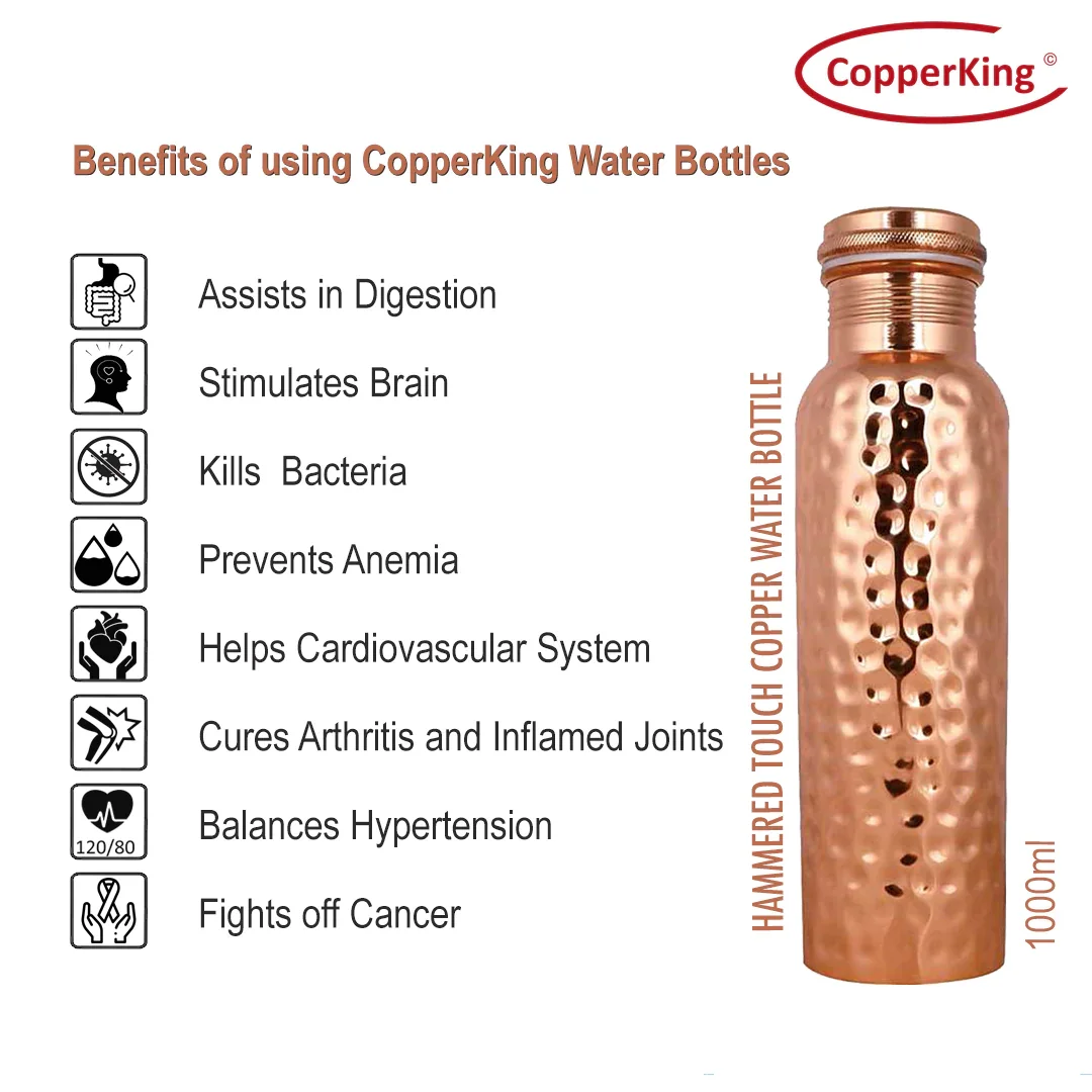 Premium Quality Shiny Hammered Copper Drinking Water Bottle With 2