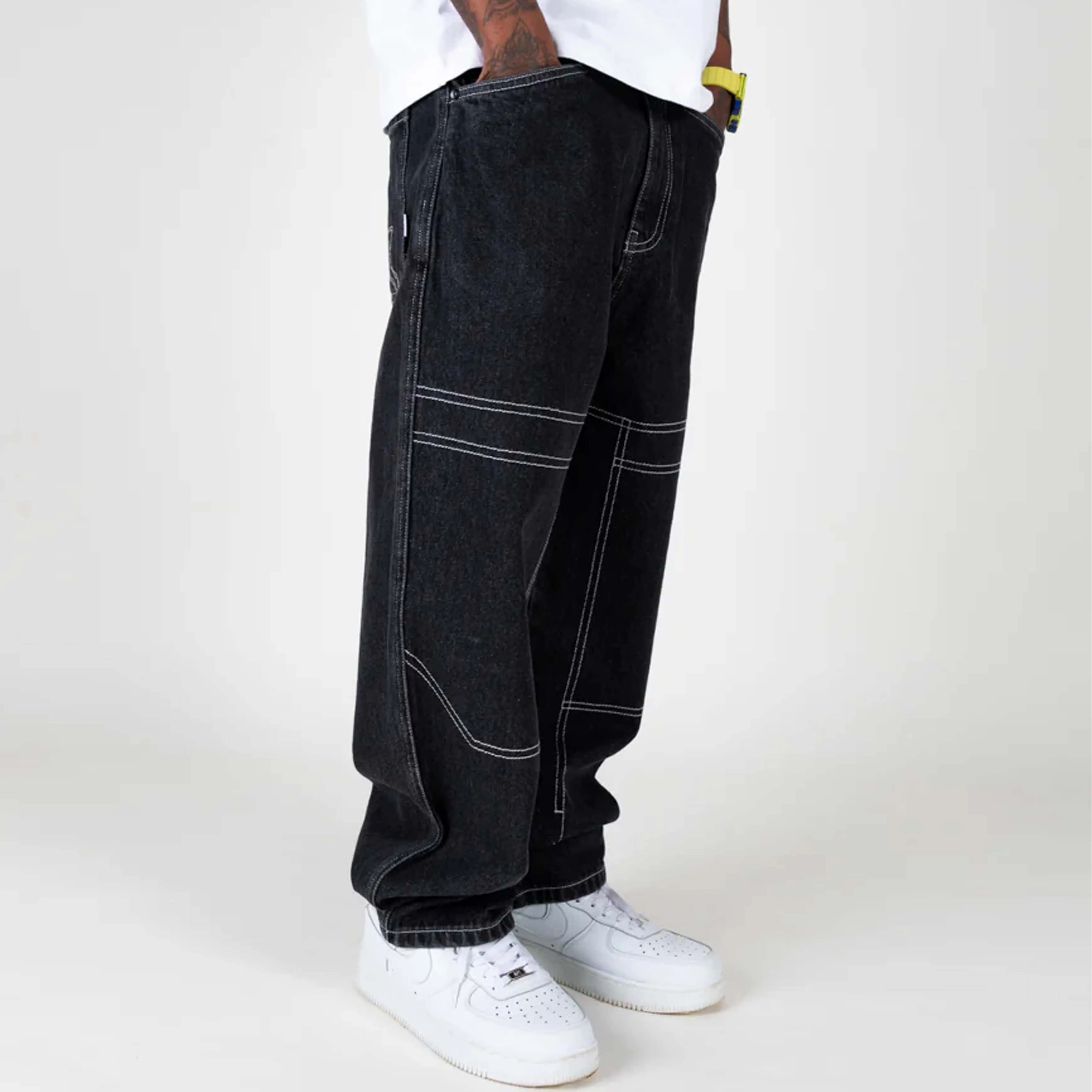 New Arrival Men's Designer Original Fit Denim Baggy Jeans Black Straight  Stretch Style with Logo on Waist Big for Boys