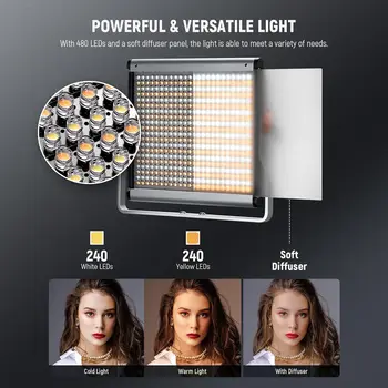 Neewer 2 Packs Dimmable Bi-color 480 LED Video Light and Stand Lighting Kit Includes: 3200~5600K CRI 96+ LED Panel With U detail image