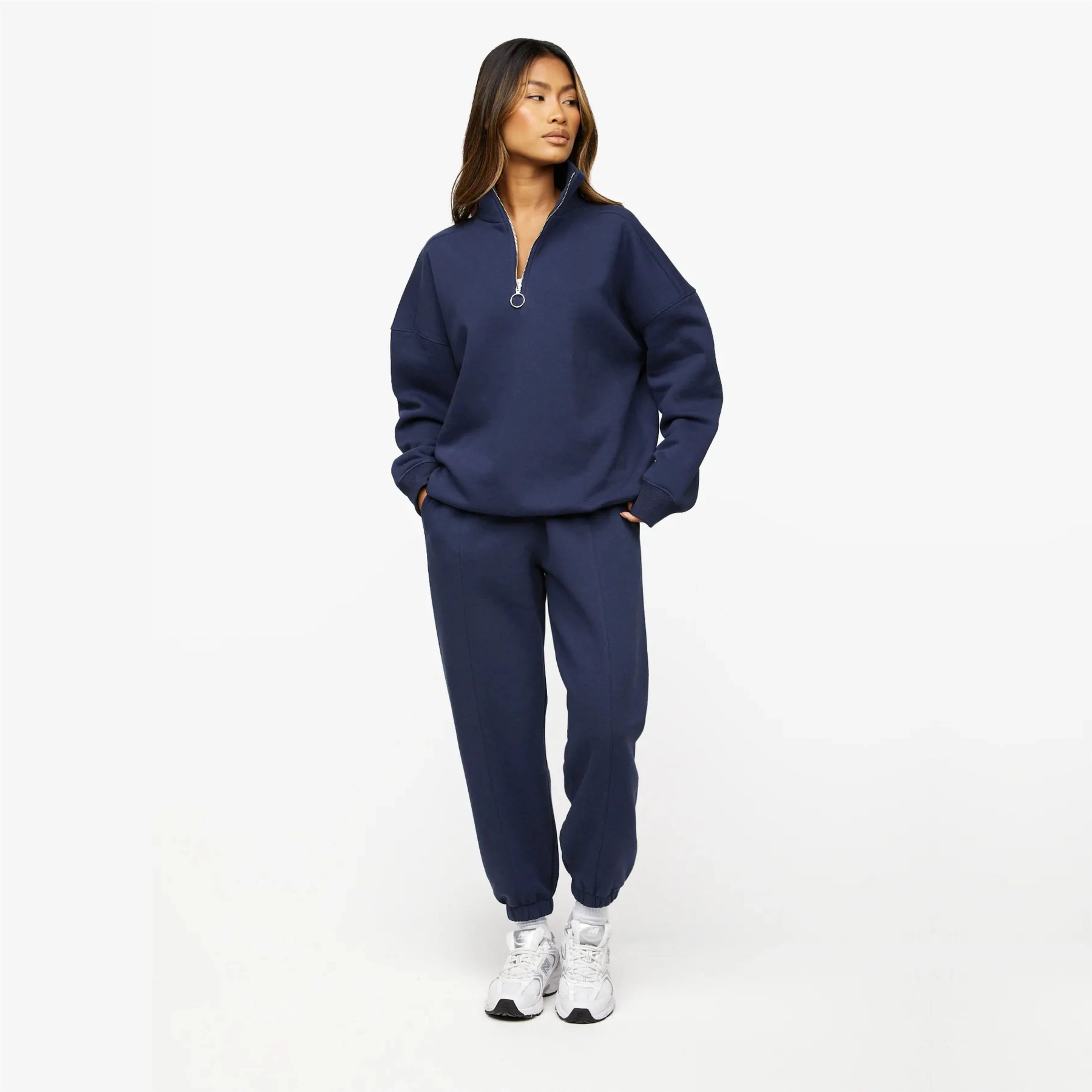 65% Cotton 35% Polyester Navy Blue Athletics Club 1/4 Zip Funnel Women's  Cropped Tracksuit