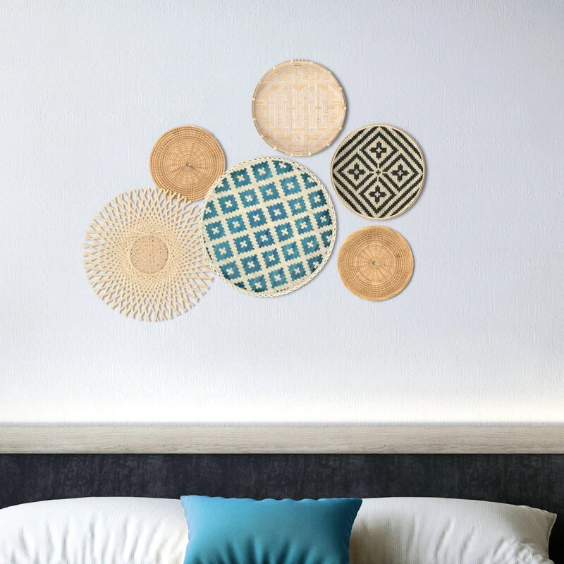 6 Piece Set Boho Wall Hanging And Rattan Wall Decor Baskets Decorating