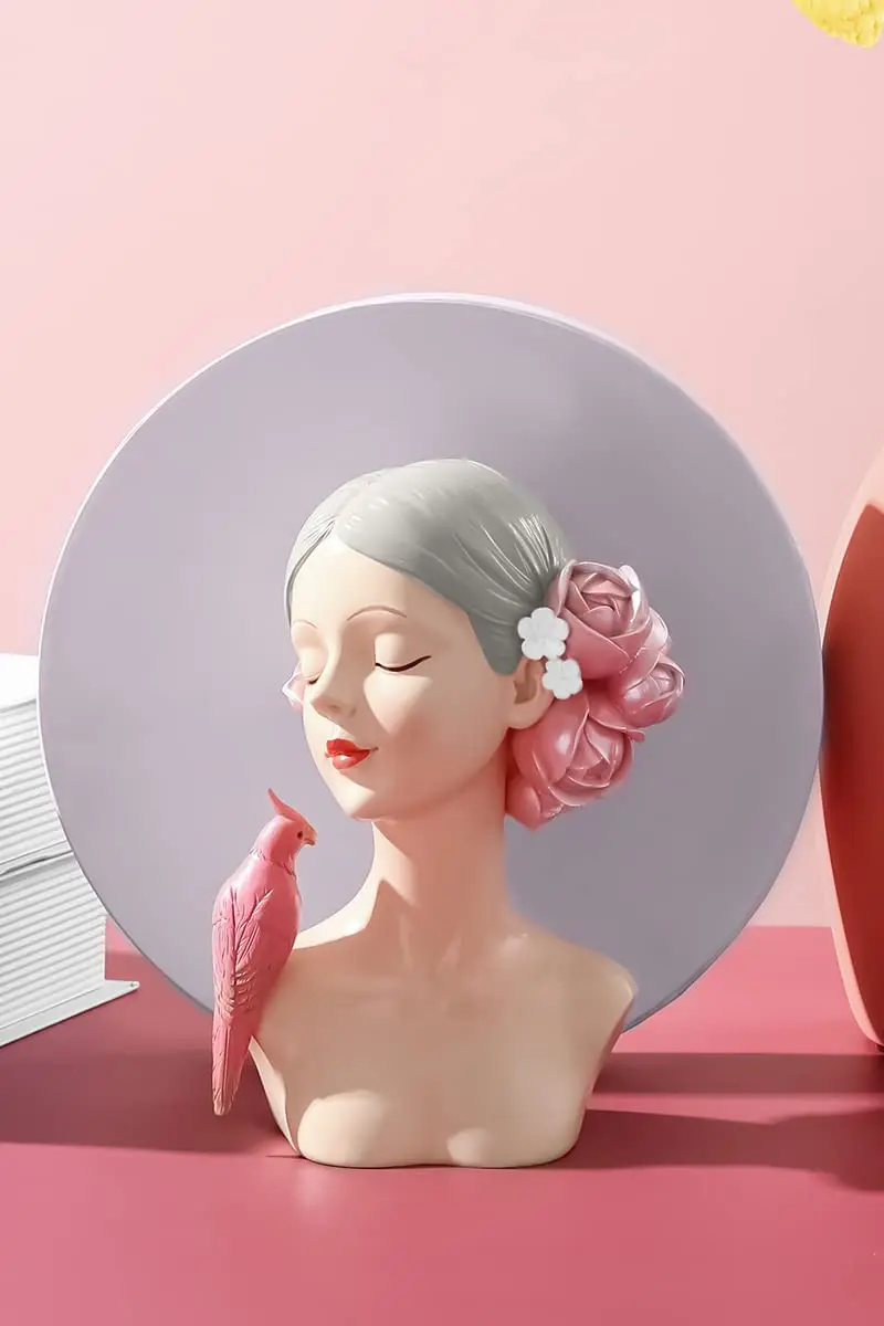 Creative Modern Resin Figurines Parrot and Girl Bust Sculpture