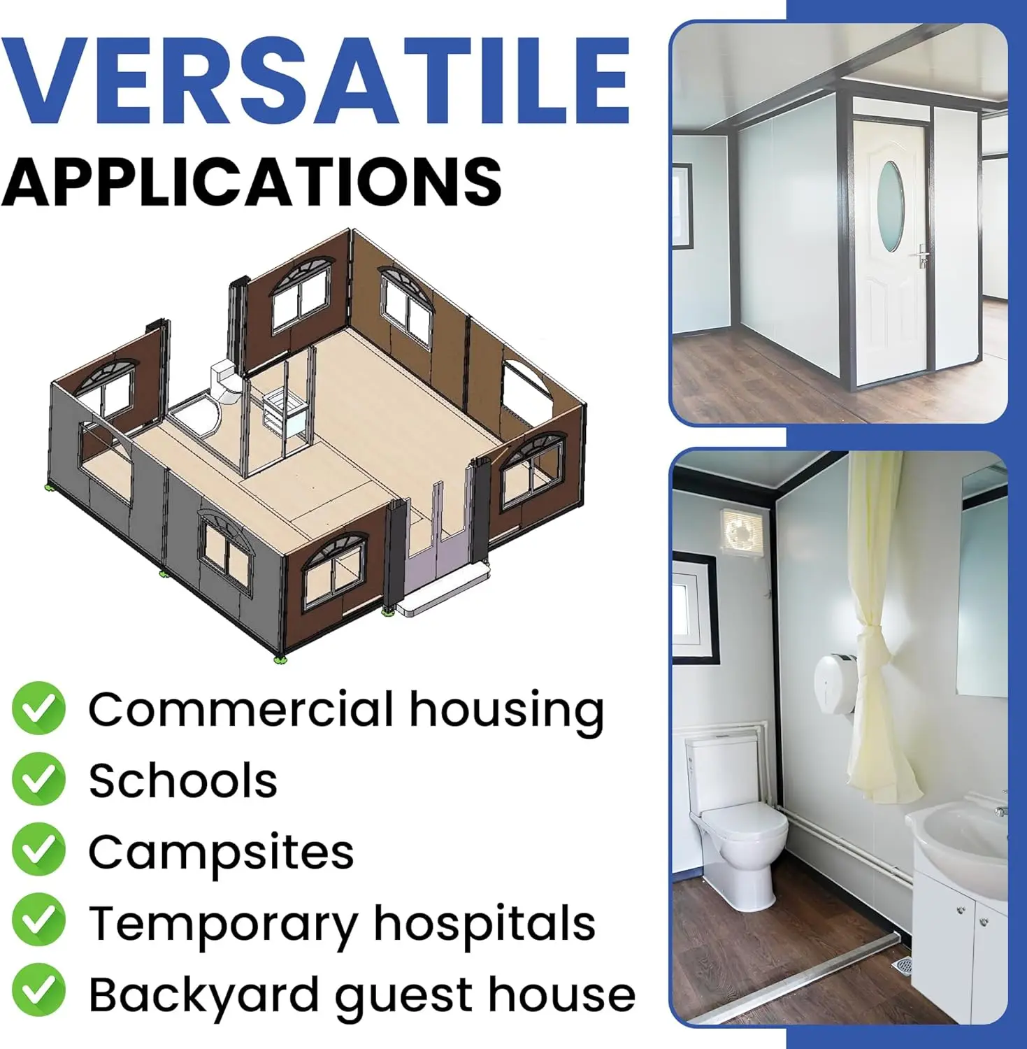 Prefabricated Portable Container Home Grade 8 Earthquake 10 Wind Resistance Steel Frame Construction Tiny Home (19x20ft)