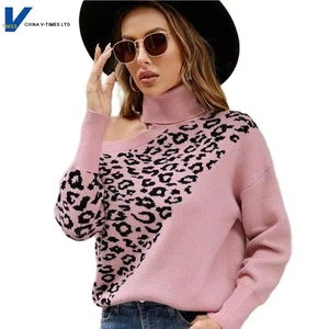 Women's Turtleneck Cold Shoulder Sweater Long Sleeve Leopard Jacquard Casual Knit Pullover