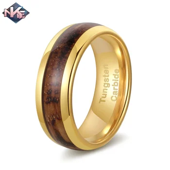 8mm Mens Wedding Jewellery Gold Plated Domed Charred Whiskey Barrel Wood Inlay Tungsten Ring