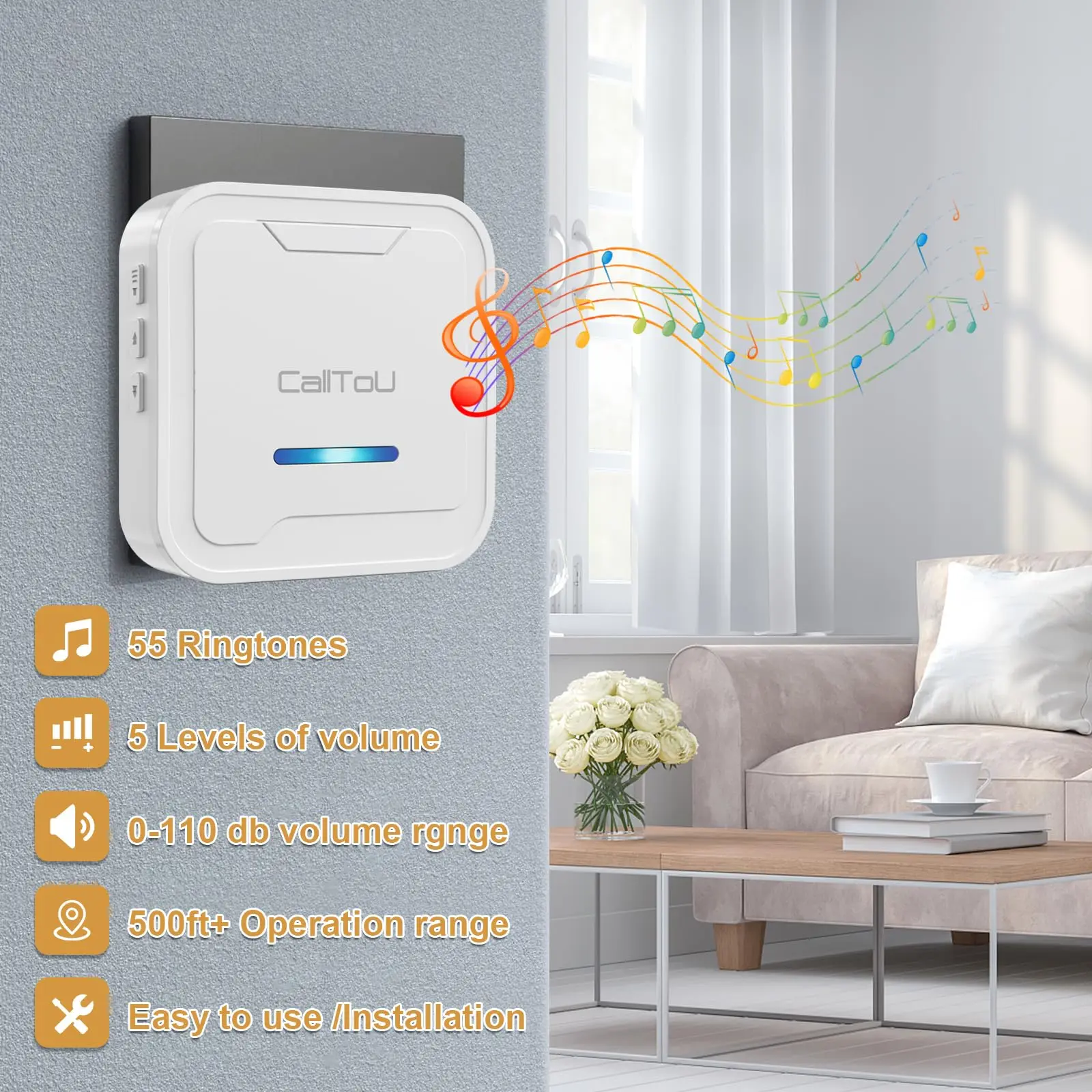203 Design Daytech Smart LED IP44 Waterproof Wireless Door Bell Chime Long Range Distance Door Ring for Hotels and Hospitals