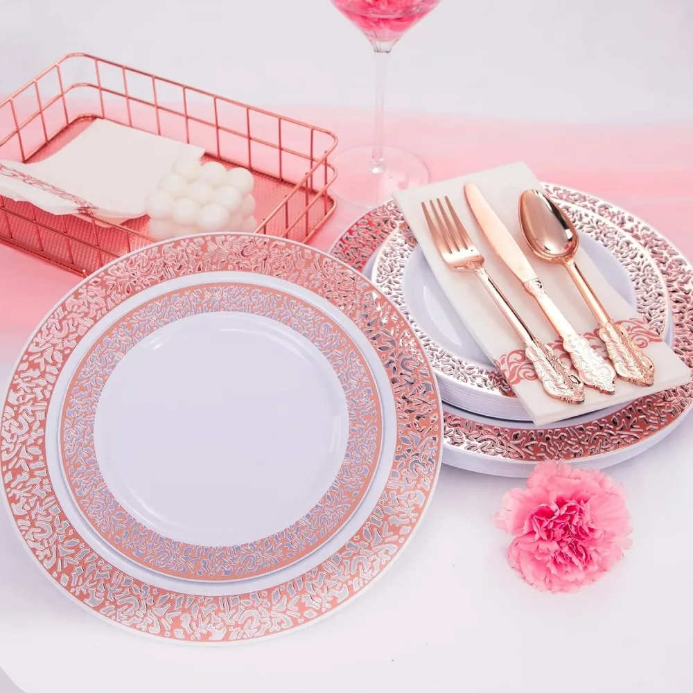 White Gold Rose Silver Lace Rim Plates Dishes Disposable Premium Plate