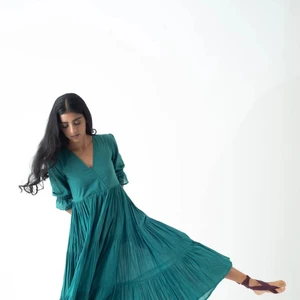Vintage Summer Style V-Neck Midi Dress Natural Cotton Eco-Friendly Teal Blue Tiered Layered Elegant Tunic Button Decoration