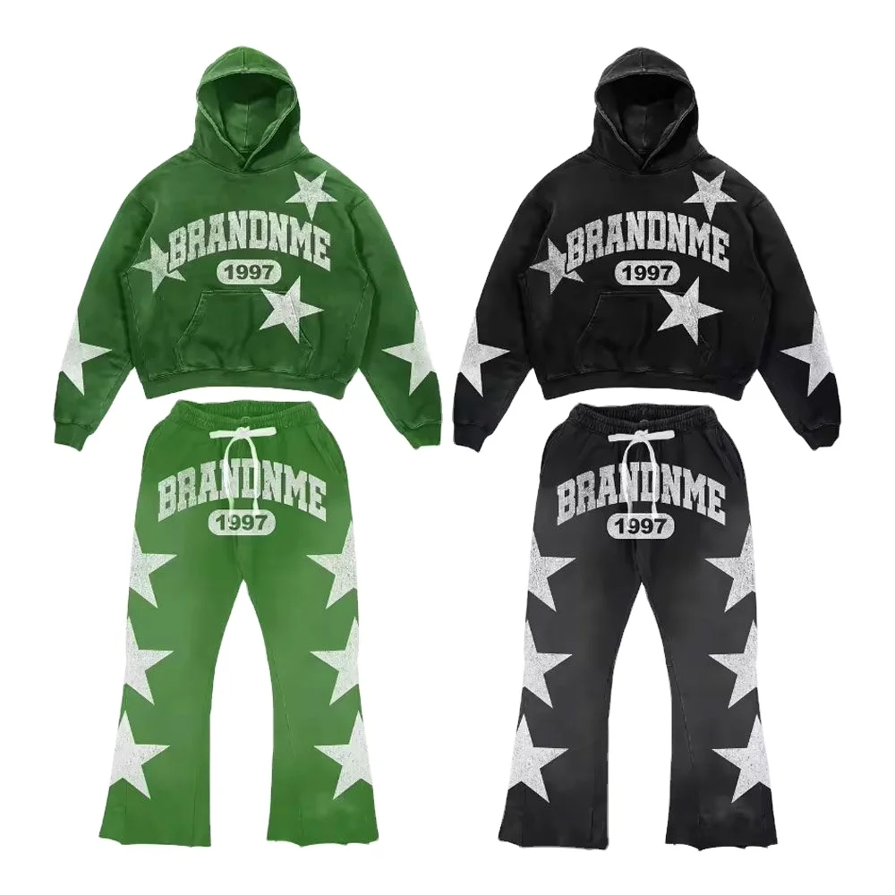 Glory Custom Acid Wash Screen Printed Tracksuit High Quality Flared Style Hoodie With Sweat Pant For Unisex Street Wear