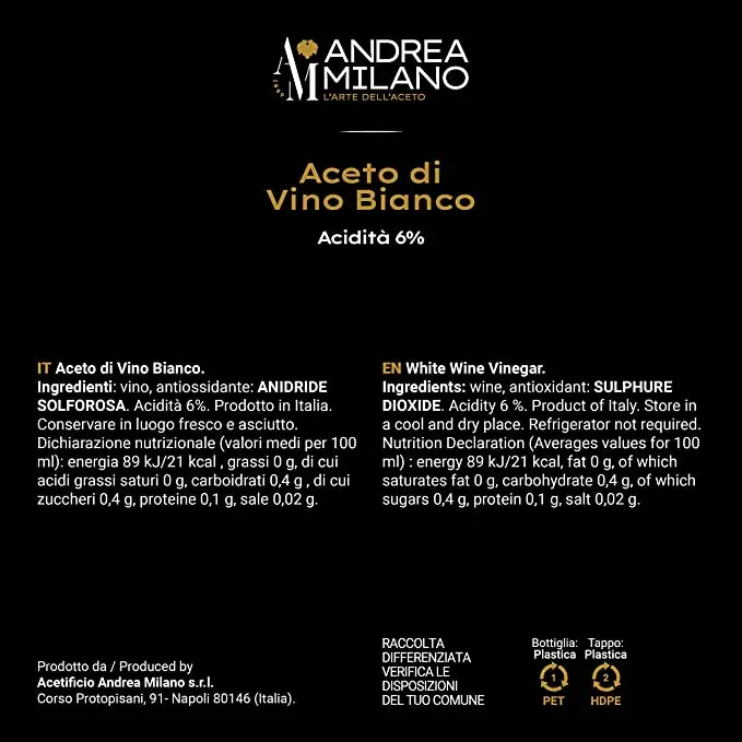 Made In Italy Fermented White Distilled Vinegar 500 Ml To 1/2/1000 Lt Bulk Bottled Wine Vinegar