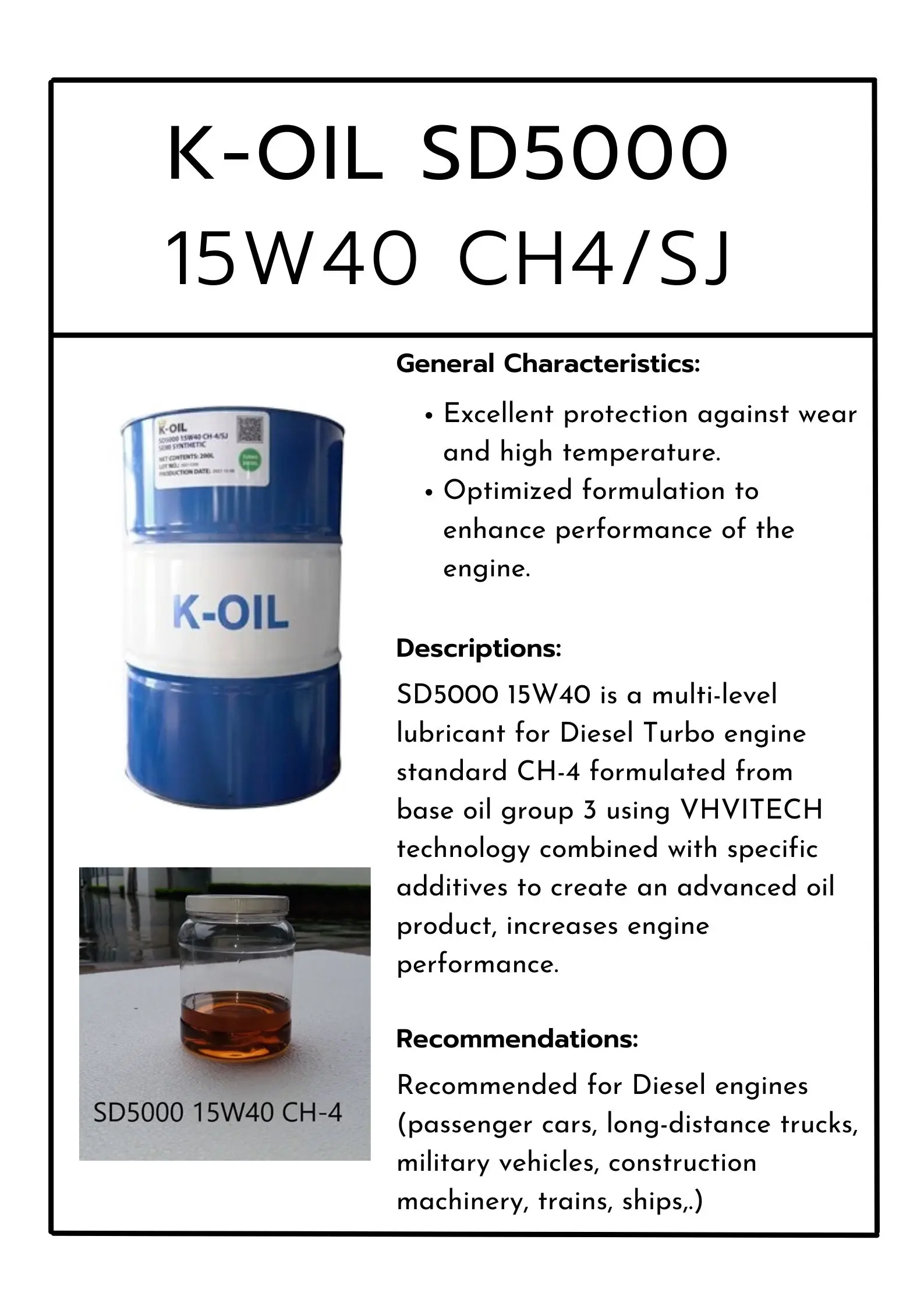 15w40 Ch-4/sj Sd5000 K-oil Semi-synthetic Oil Best Quality And Factory ...