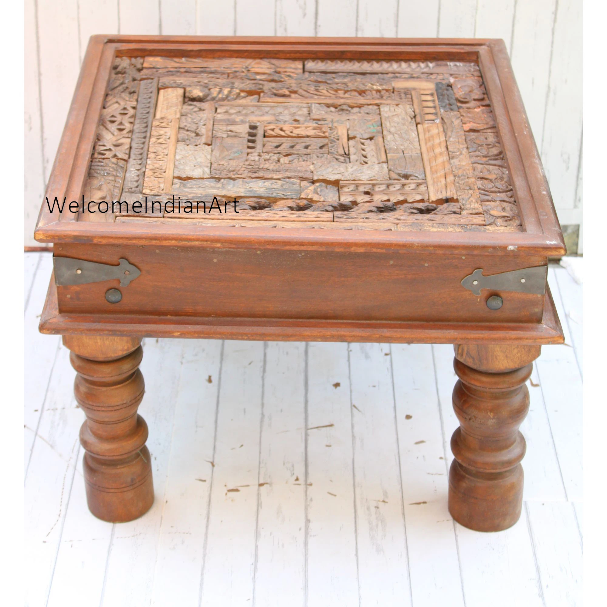Handcrafted Wooden Coffee Table Traditional Printing Block Design Artistic Centerpiece Portable Unique Home Furniture for Living