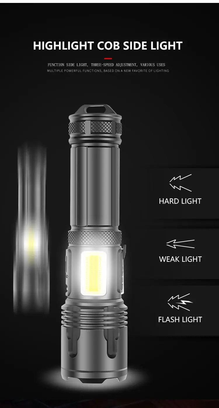 Powerful Waterproof Zoomable Rechargeable XHP70 LED Emergency Tactical Flashlight with Cob Sidelight Torch Flashlight Hunting factory