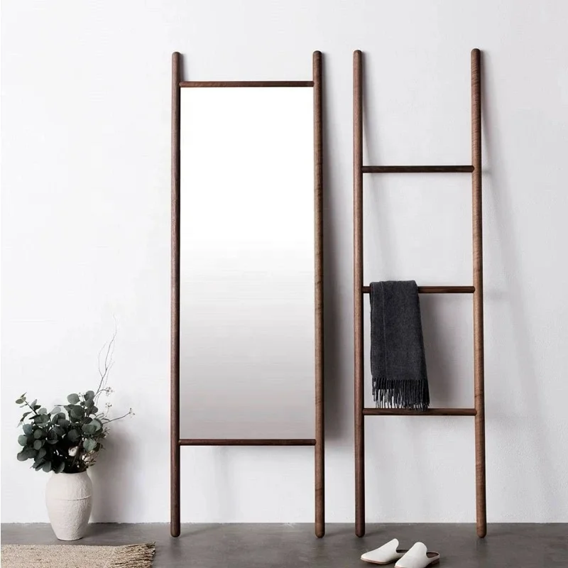 2025 Nordic Contemporary Design SWT Handmade Full-Length Stand Pose Mirrors Wooden Framed Leaning Mirror with Glass Towel Rack