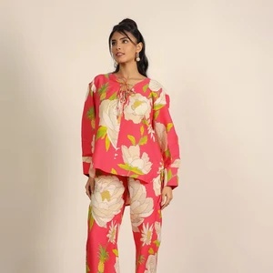 Women's Summer Pajama Set Pink And Multi Floral Oversized Long Shirt And Wide Legs Pant 100% Cotton Indo Western Co-ord Set