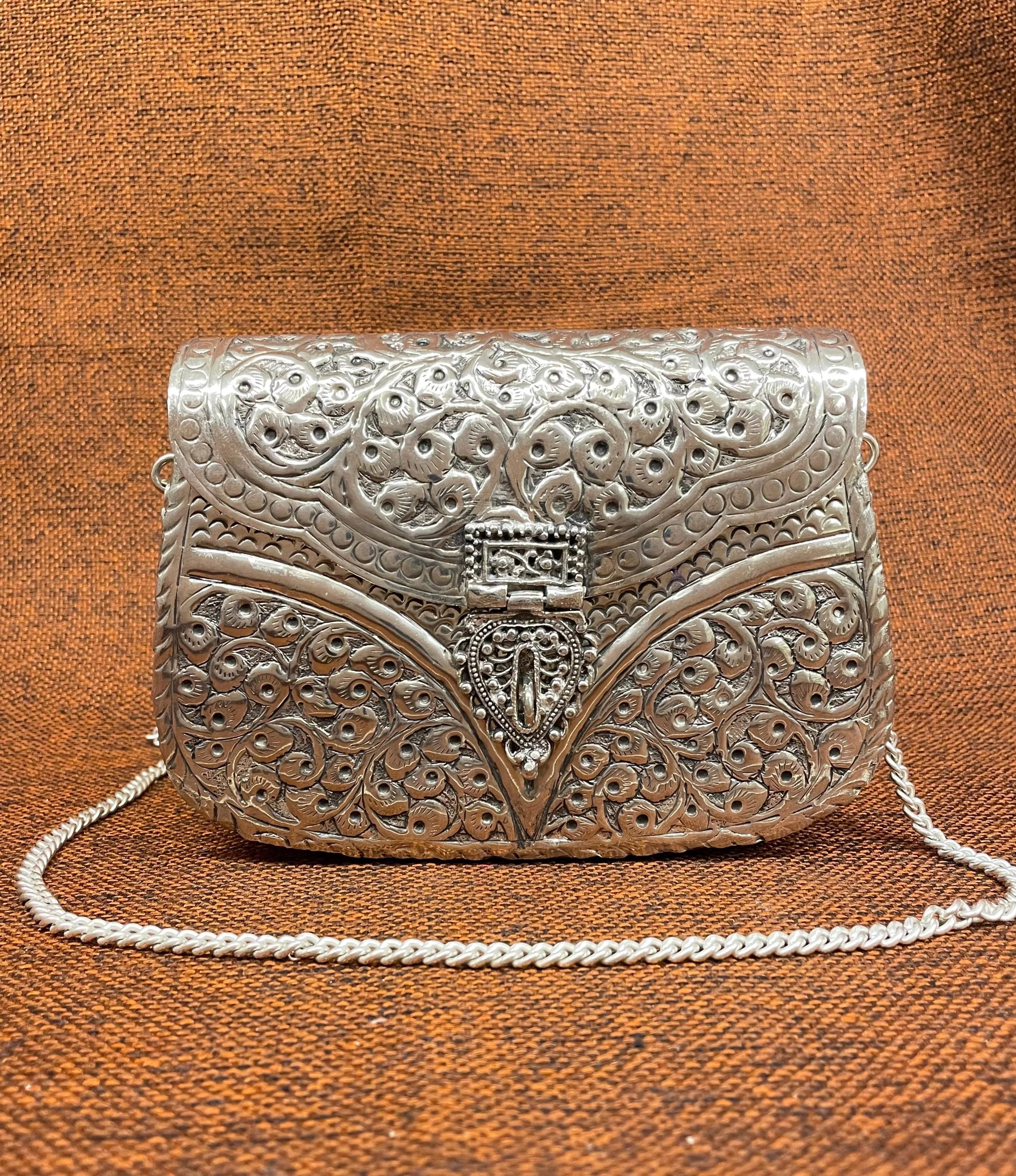 Antique Metal Clutch Indian Handmade Silver Metal Party Sling Bag