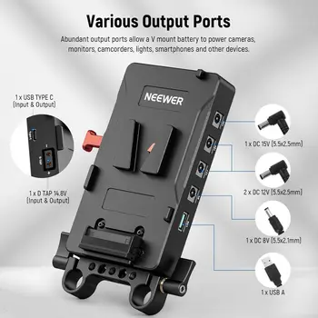 NEEWER V Mount Battery Plate with 15mm Rod Clamp, Power Supply Splitter PD 60W Type C&D Tap/DC15V Port, Compatible with Fxlion detail image