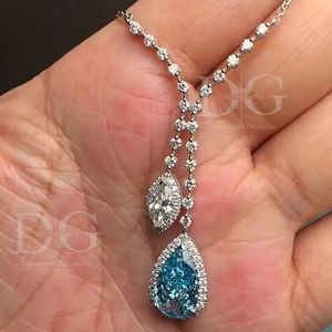 Lab Grown Paraiba Diamond Cluster Necklace with Trendy Pear Cut Pendant Link Chain Luxury Gold Wedding Jewelry