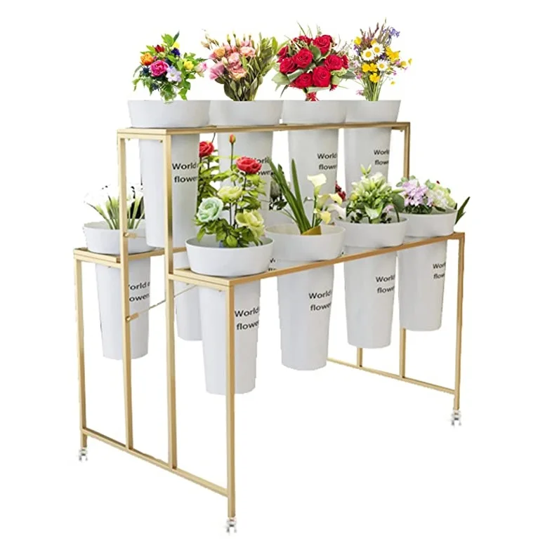 Flower Display Stand with 12 Pcs Flower Buckets 3 Tier Plant Stand with 4 Wheels Cart for Indoor Outdoor Planter with Stand