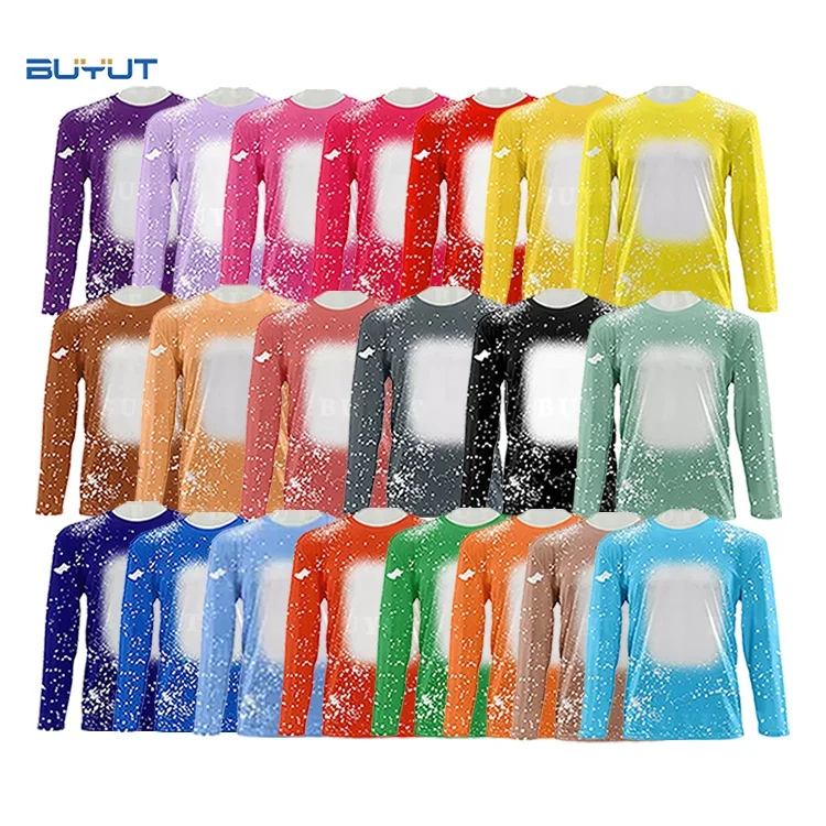 BUYUT Factory  RTS Bleached Dye Sublimation Blanks Long Sleeves Shirts Fall  Polyester  Tie Dye Crew Neck Shirt for Customize