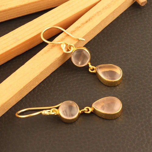 Best Selling Ravishing Natural Rose Quartz Gold Plated Drop Dangle