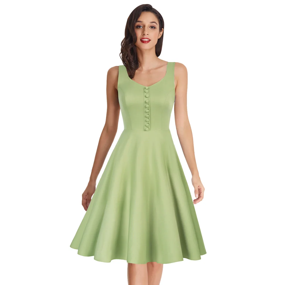 OEM Women Pineapple Pattern A-Line Retro Ladies Button Sleeveless Vintage Dress