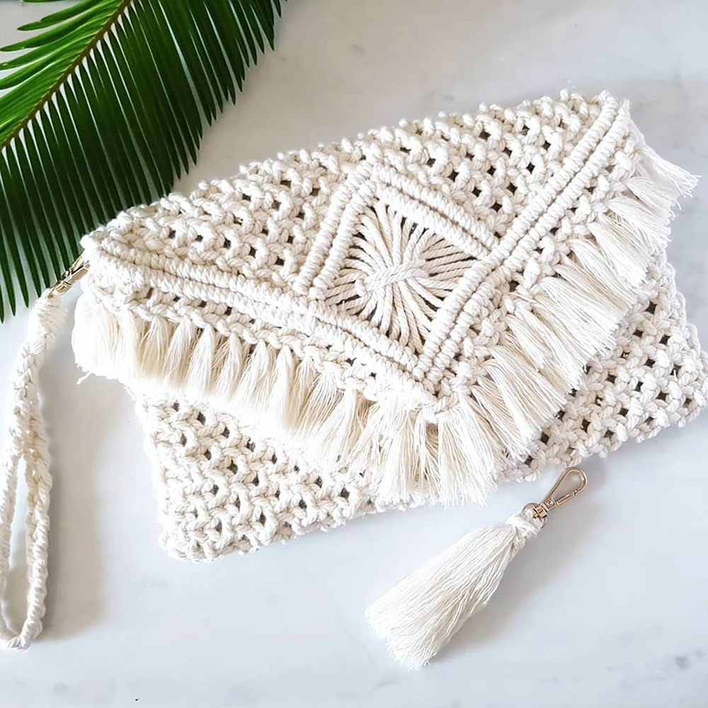 Mustard Color Macrame Clutch Hand Knitted Boho Purse Lady Fashionable Hand Bag with Detachable Sling and Fringes