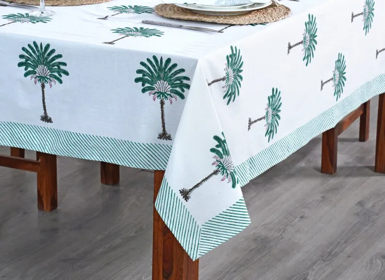 Pine Green and Peanut Brown Tree Print With Green Striped Border Table Cover Indian Hand Block Printed Table Cover