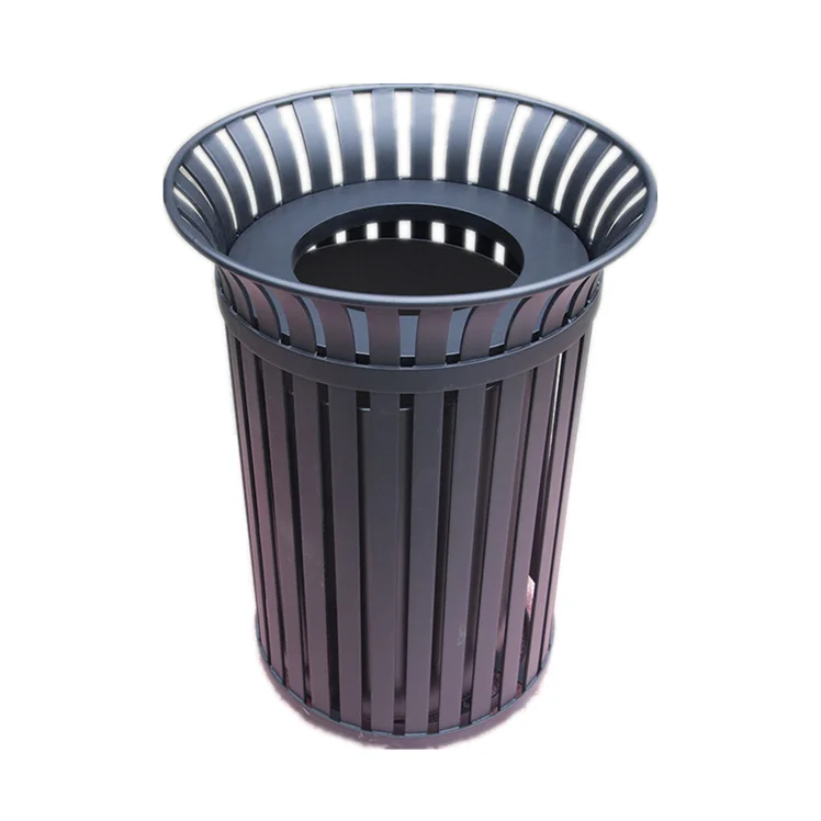 Round Slatted Steel Big Public Garbage Can Container Outdoor Street ...