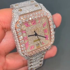 New Fashion Luxury Business Antique Stainless Steel Full Iced Square Custom Logo Vvs Moissanite Diamond Mens Watch ETA Movement