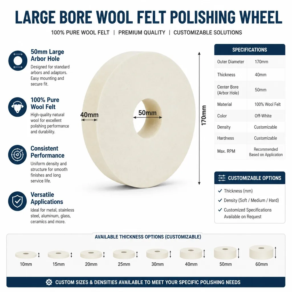 Large Bore Wool Felt Polishing Wheel Specifications Infographic with 10mm to 60mm Thickness Spectrum