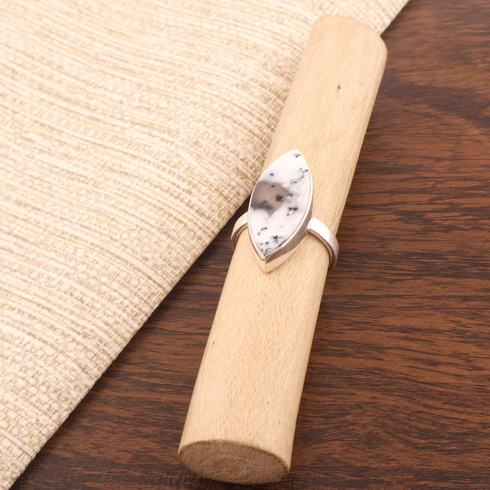 Simple Ring Natural Dendrite Opal Collet Setting Adjustable Ring Brass Silver Plated Marquise Shape Gemstone Back Open Band Ring