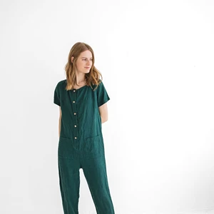 Women's Linen Casual Jumpsuit Solid Decoration Regular Elastic Waist Wide Pants Pockets Woven Bodysuit Sweet Plain Dyed