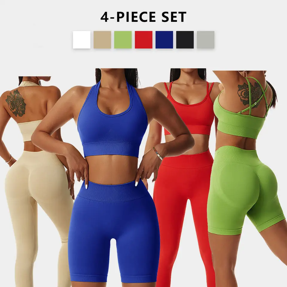 2022 NEW Sportswear Womens Scrunch Butt Leggings Shorts and Bra 4 PCS Gym Fitness Yoga Set