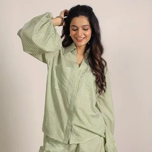 Green And White Textile Print Two Piece Cord Set Smart Stripes Work Wear Shirt Boho Tops And Mini Shorts Cotton Co-ord Set