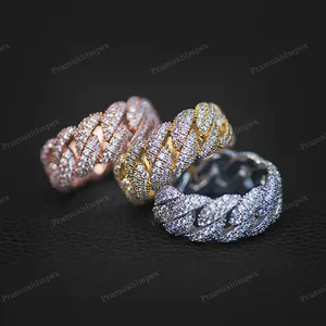 Two Row Diamond Cuban Style Prong Set Moissanite 925 Sterling Silver Hip Hop Ring Rose Gold/Yellow Gold Plated Unisex GRA