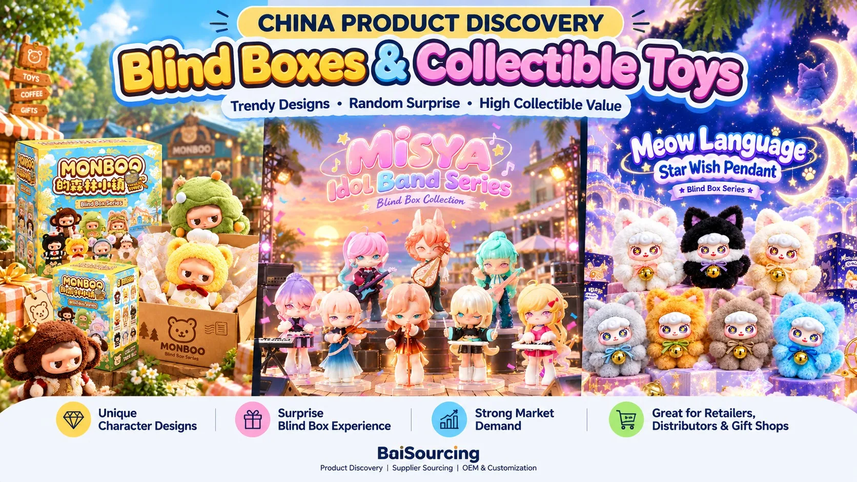Blind Box Sourcing from China: Wholesale, MOQ & OEM Guide showing plush toys, collectible figures, and pendants