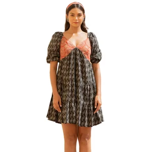 Geometric Black Kantha Skater Dress With Burnt Orange Ajrakh Element In Dress Casual Women's Cotton Short One Piece Dress