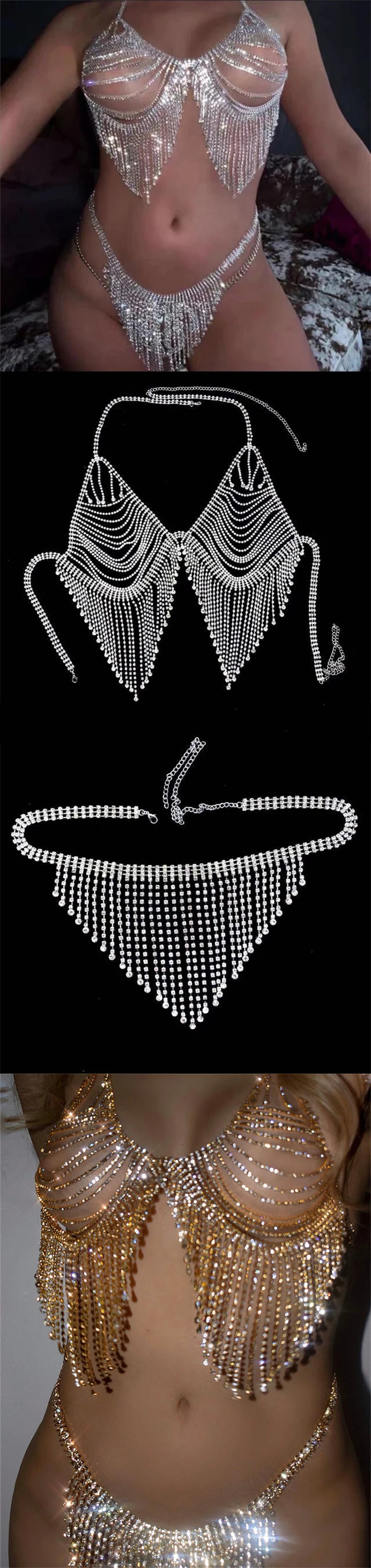 Full Rhinestone Tassel Bikini Bra Chain Exaggerated Sexy Body Chain Set Fashion Party Jewelry