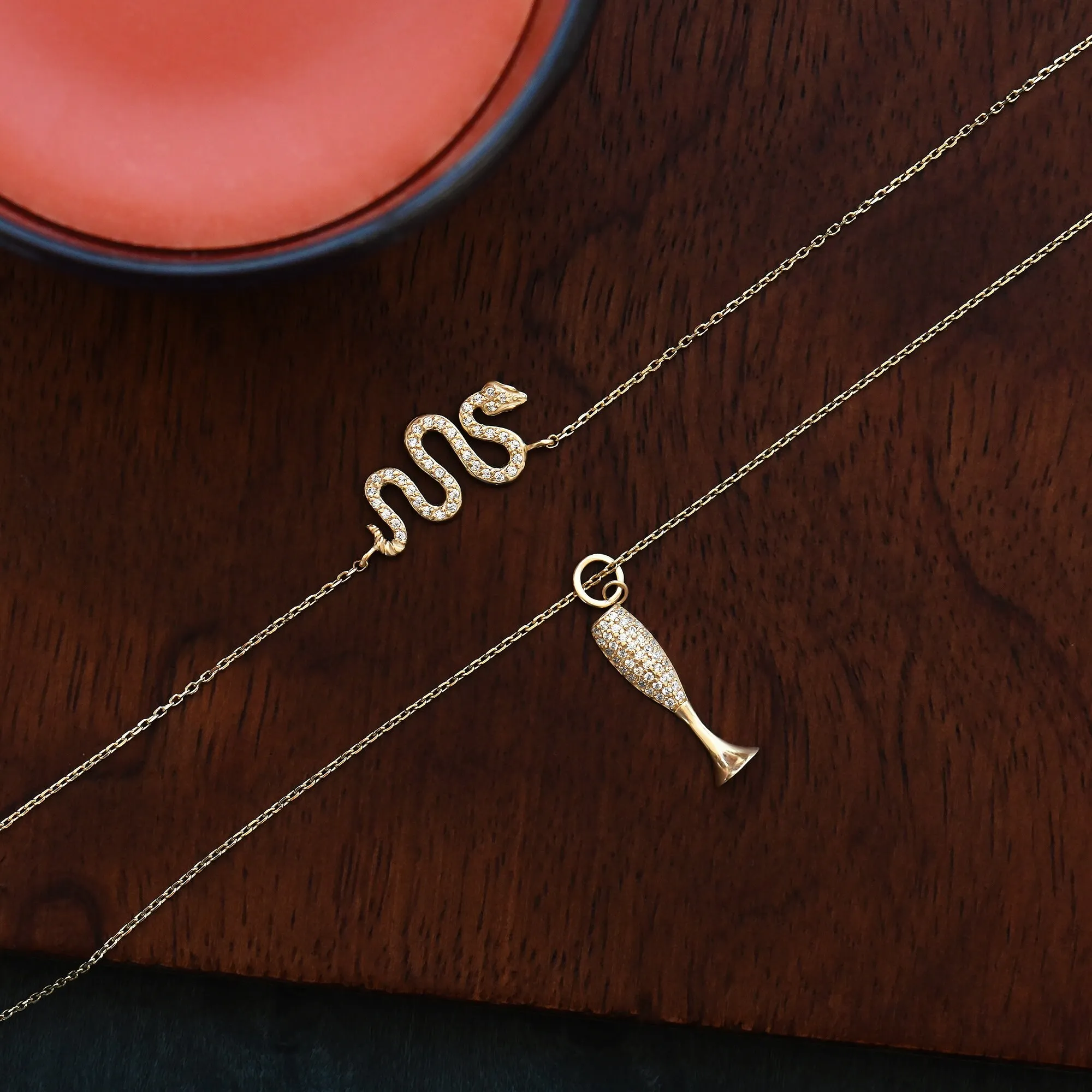 14k Solid Gold Diamond Snake Delicate Animal Pendant Necklace Minimalist Everyday Women Layering