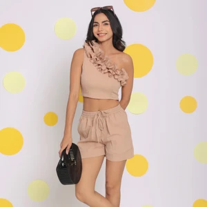 Pure Poly Cotton Beige Relaxed Co-ord Set Western Style Top Fitted Burst Shorts Natural Waist Solid Woven Eco-Friendly Big Size