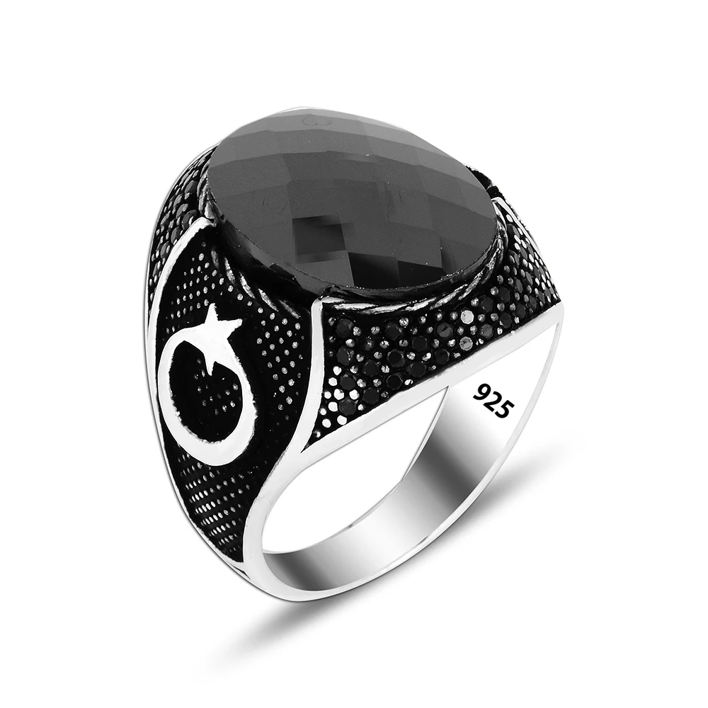 Black Stone Art Design Luxury Men Ring 925 Silver Jewelry Wholesale