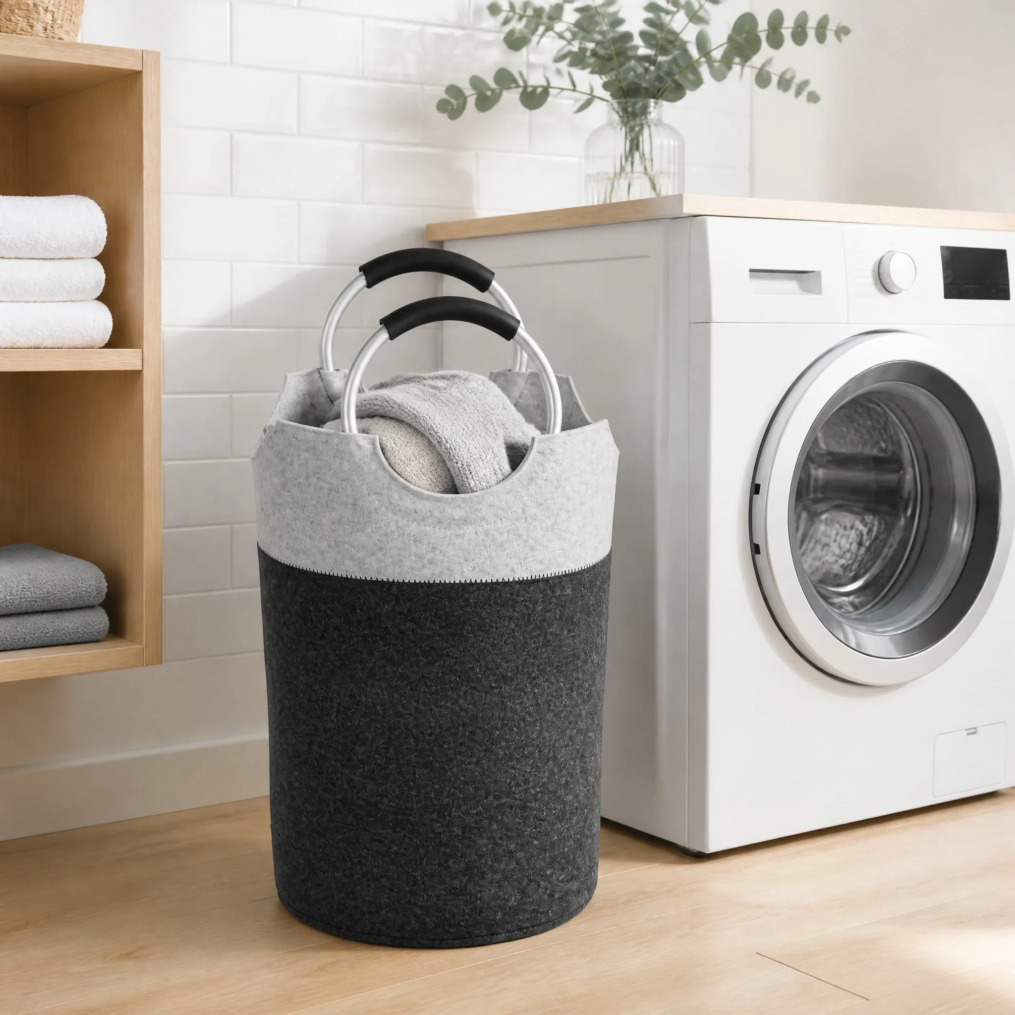 Laundry room scene - foldable laundry basket next to the washing machine