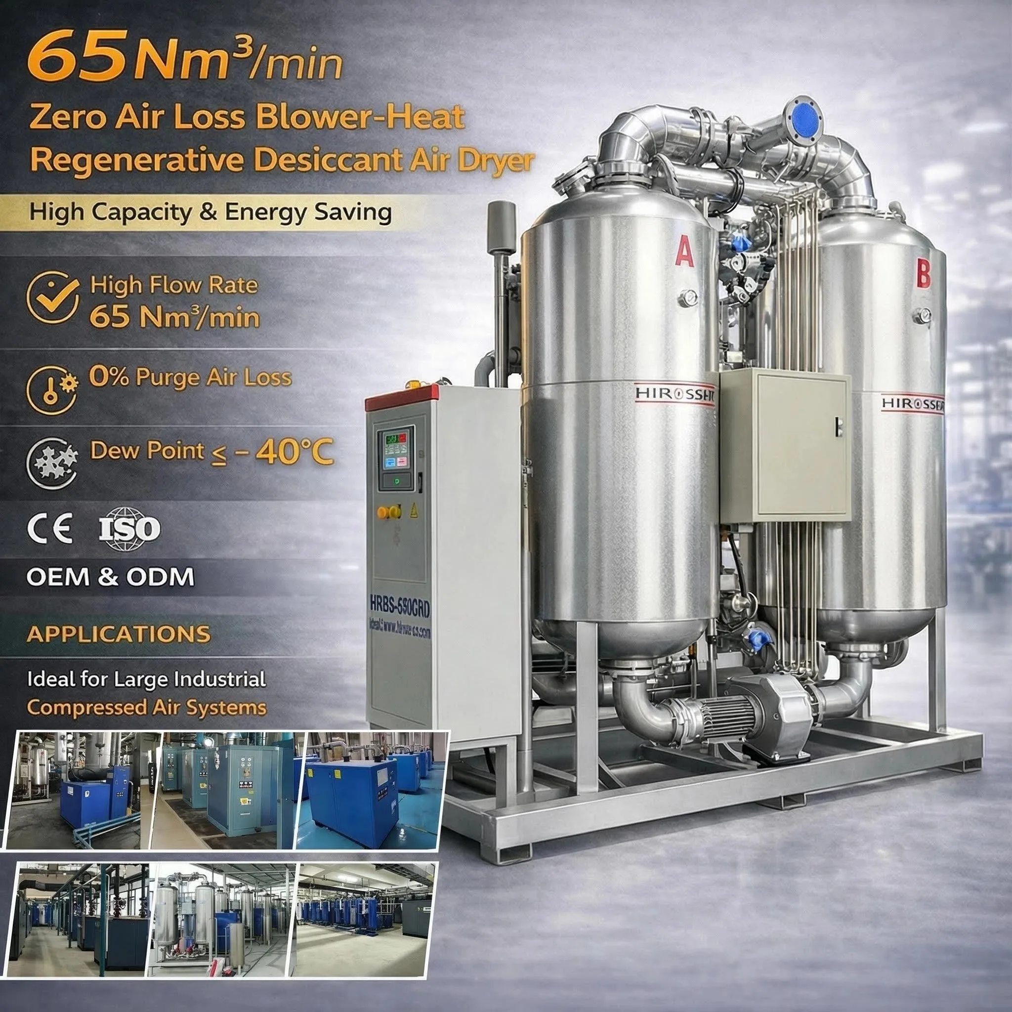 Hiross 65Nm³/min Stainless Steel Centrifugal Stationary Desiccant Air Dryer with PLC for Medical & Semiconductor Applications